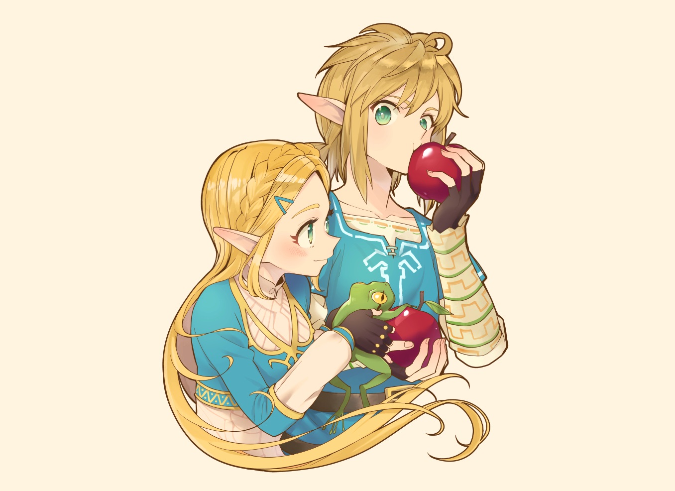 aliasing, animal, apple, braids, food, frog, fruit, gloves, green_eyes, kimitoshiin, link_(zelda), long_hair, male, pointed_ears, ponytail, princess_zelda, short_hair, the_legend_of_zelda