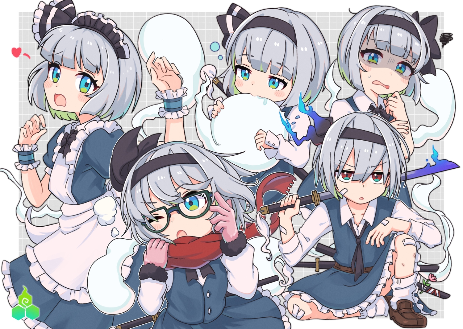 apron, aqua_eyes, bandaid, blush, glasses, gloves, gray_hair, headband, headdress, katana, konpaku_youmu, maid, myon, red_eyes, short_hair, skirt, socks, suguharu86, sword, touhou, weapon, wristwear