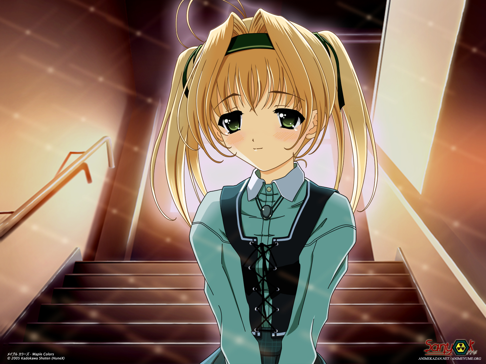 aoi_mirai, blonde_hair, blush, green_eyes, maple_colors, school_uniform