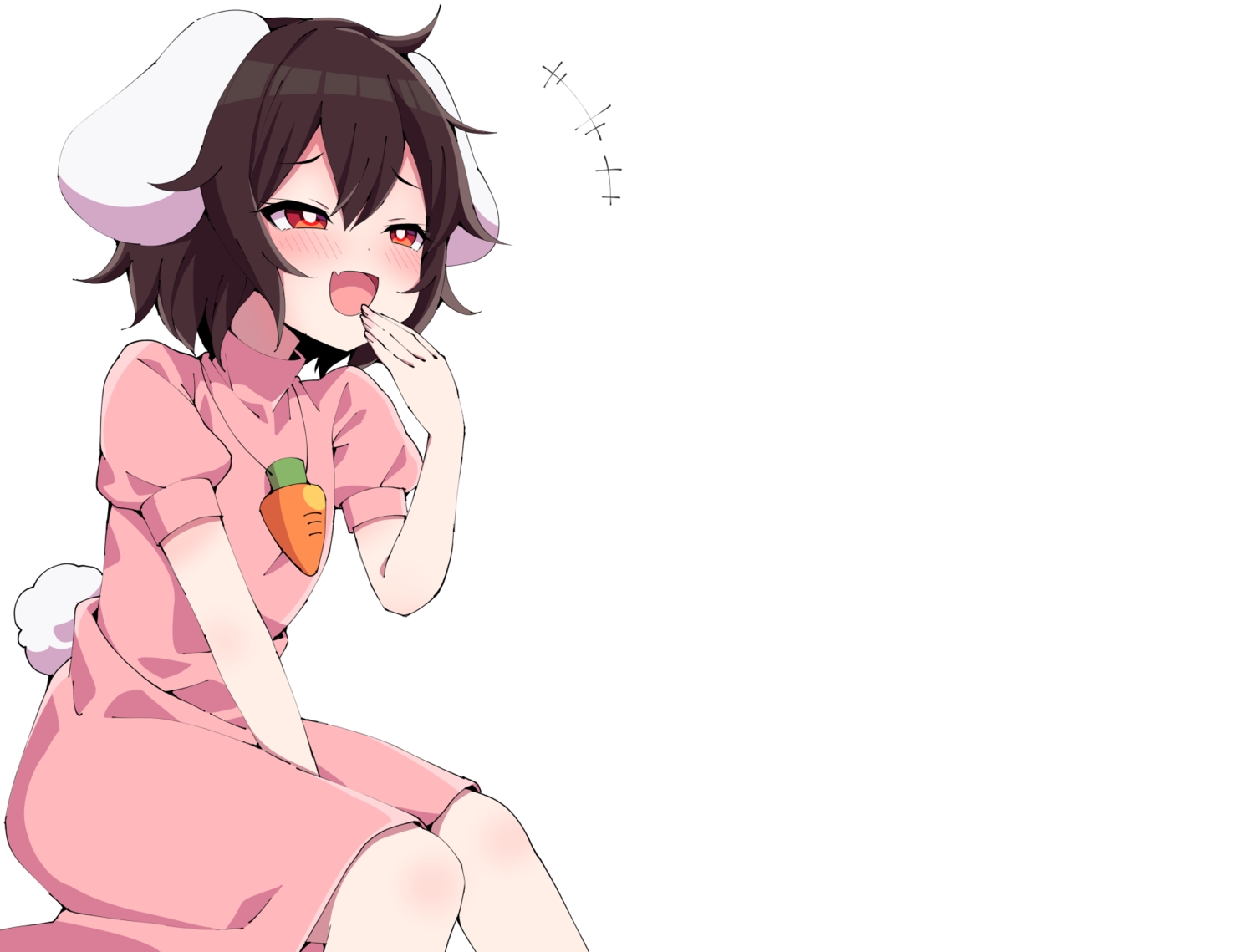 animal_ears, blush, brown_hair, bunny_ears, bunnygirl, dress, fang, flat_chest