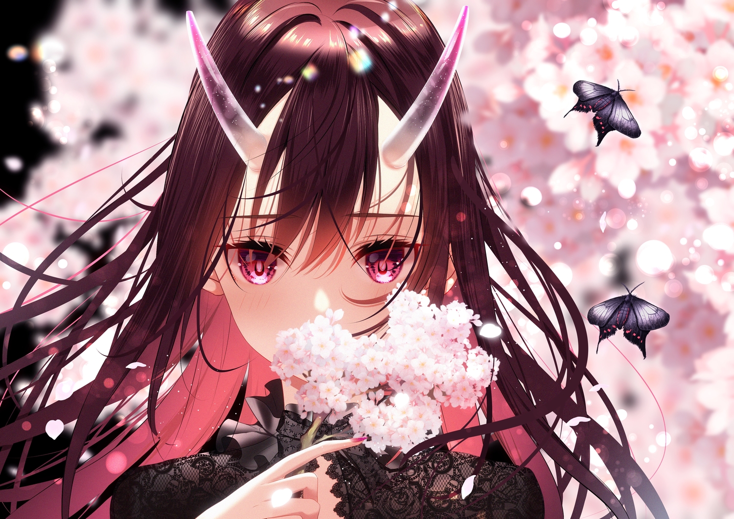brown_hair, butterfly, cherry_blossoms, close, flowers, horns, ktmzlsy720, long_hair, original, pink_eyes