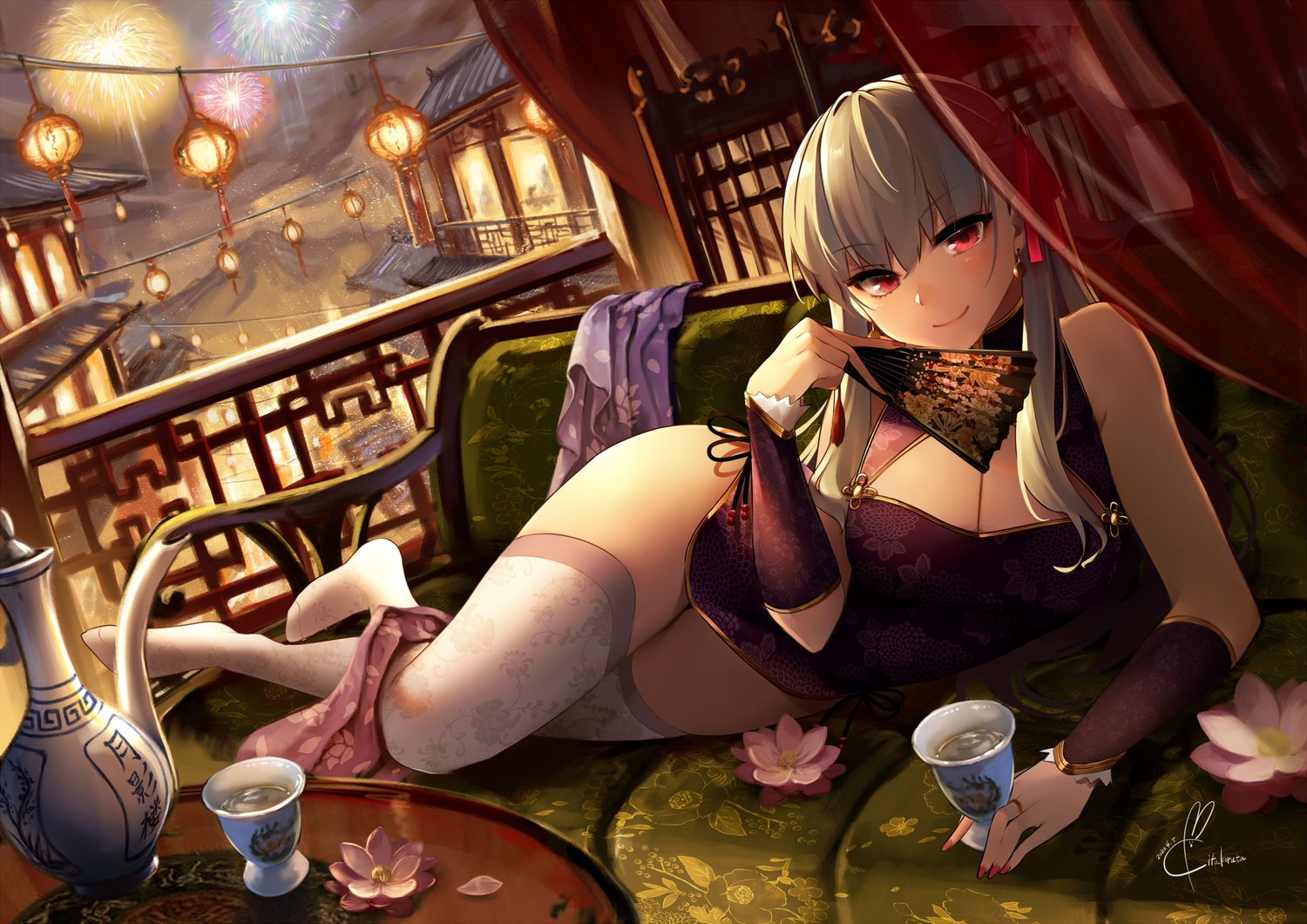 blush, breasts, chinese_clothes, chinese_dress, cleavage, couch, dress, drink, fan, fate/grand_order, fate_(series), fireworks, flowers, gray_hair, kama_(fate/grand_order), kito_koruta, long_hair, red_eyes, sake, signed, sky, thighhighs