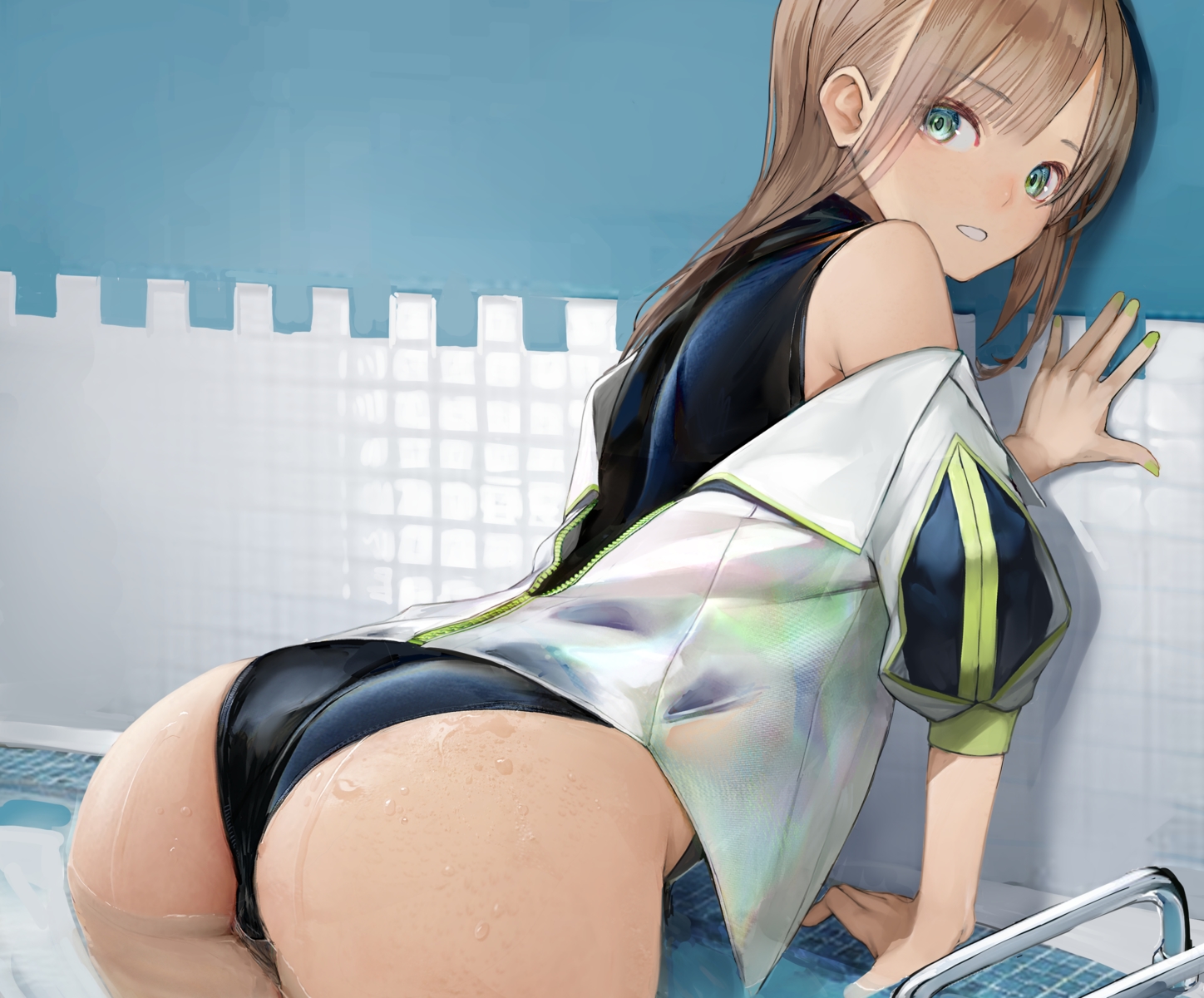 ass, brown_hair, cropped, green_eyes, long_hair, nyatabe, open_shirt, original, swimsuit, wet