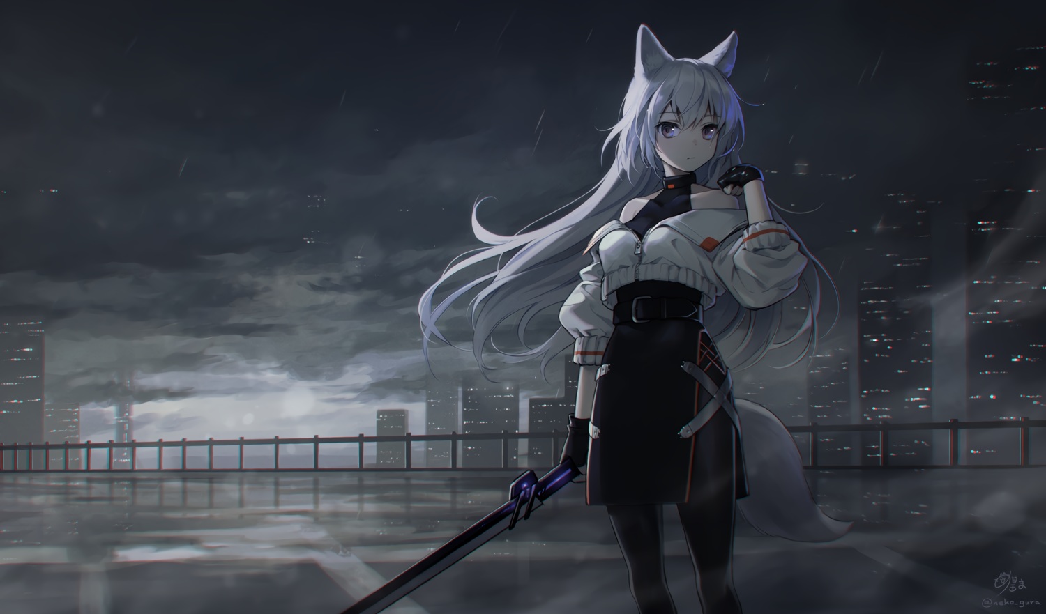 animal_ears, building, city, clouds, dark, garter_belt, gloves, gray_hair