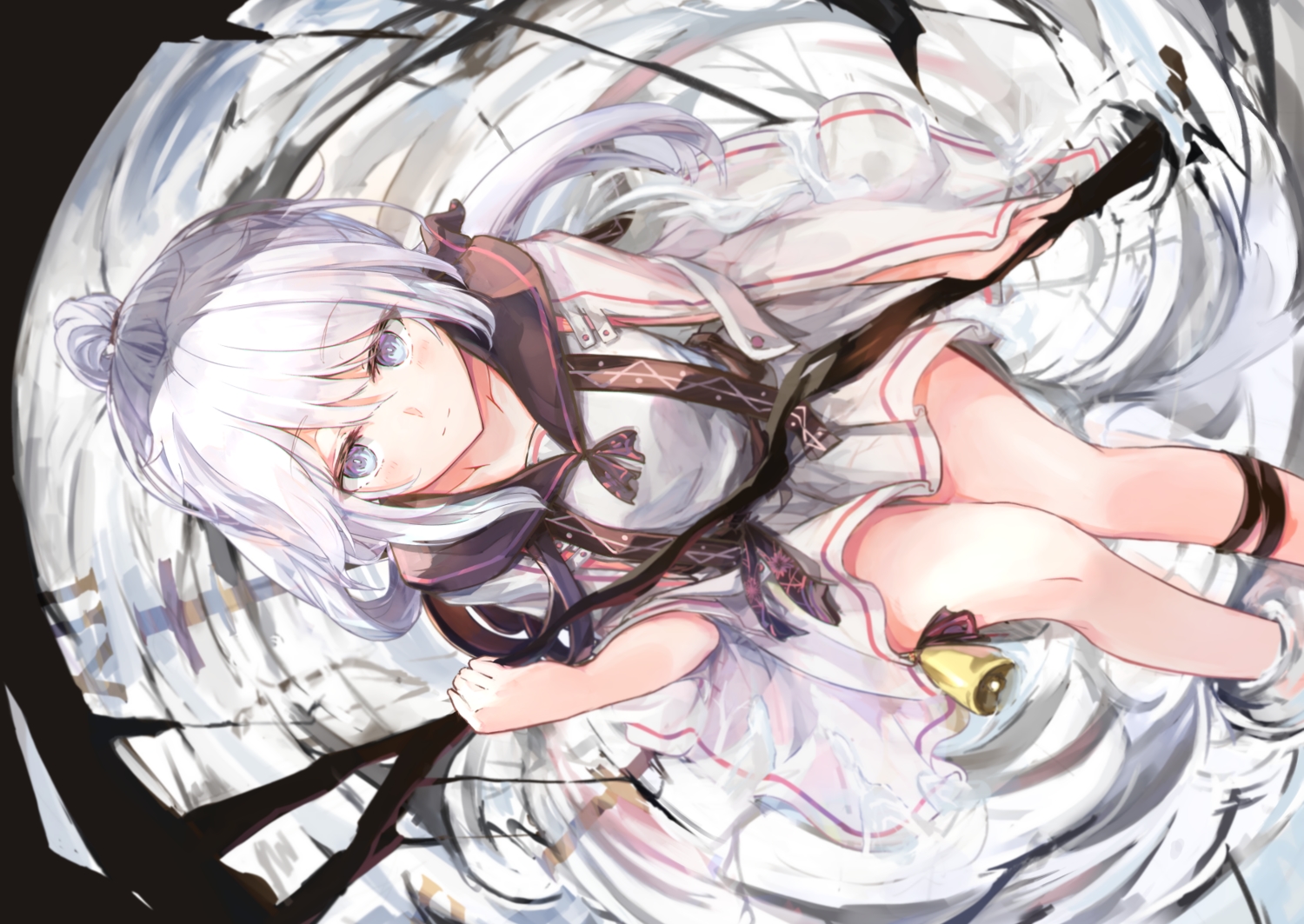 bell, blue_eyes, blush, long_hair, original, ponytail, school_uniform, shinsoyori, water, weapon, wet, white_hair