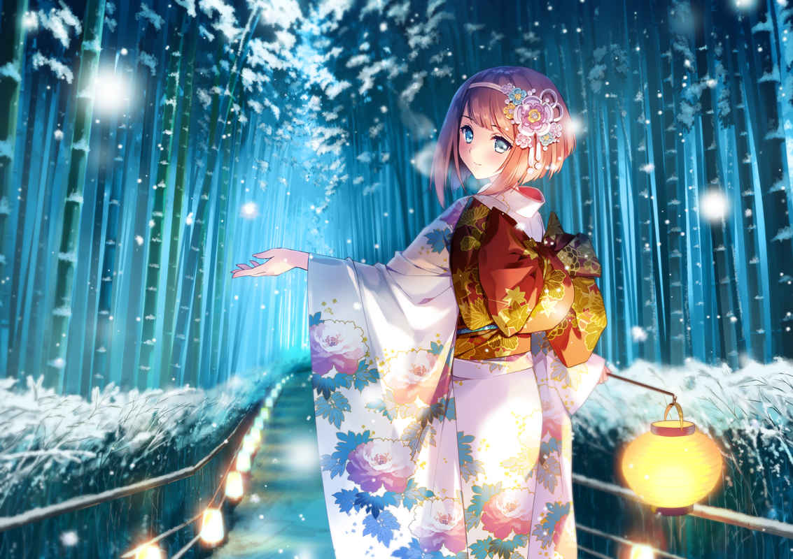 anthropomorphism, blush, brown_hair, carnelian, forest, headband, hms_ark_royal_(kancolle), japanese_clothes, kantai_collection, kimono, short_hair, snow, tree, winter