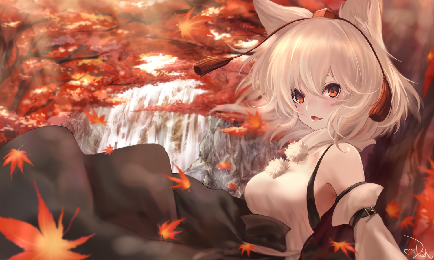 animal_ears, autumn, blonde_hair, blush, dqn_(dqnww), inubashiri_momiji, leaves, orange_eyes, signed, touhou, tree, water, waterfall, wolfgirl