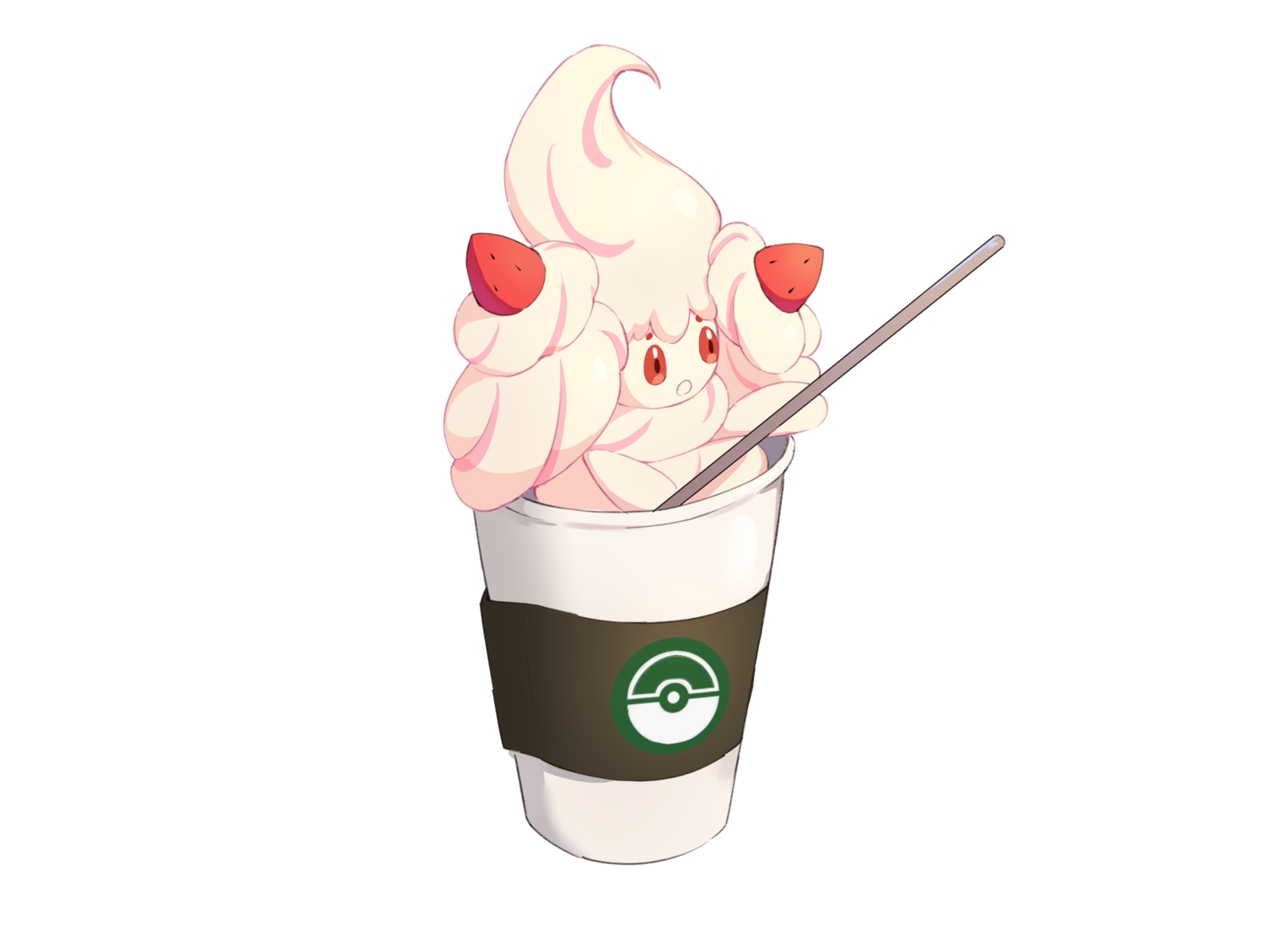 alcremie, drink, food, fruit, no_humans, pokemon, strawberry, white, ym_(pixiv2132273)