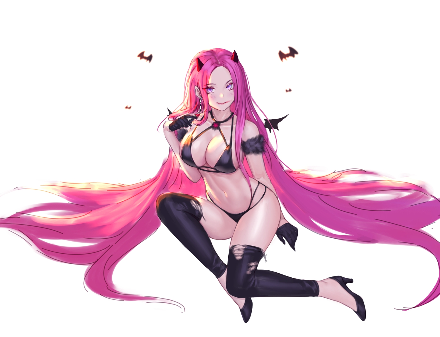 animal, bat, bikini, breasts, cleavage, demon, fang, gloves