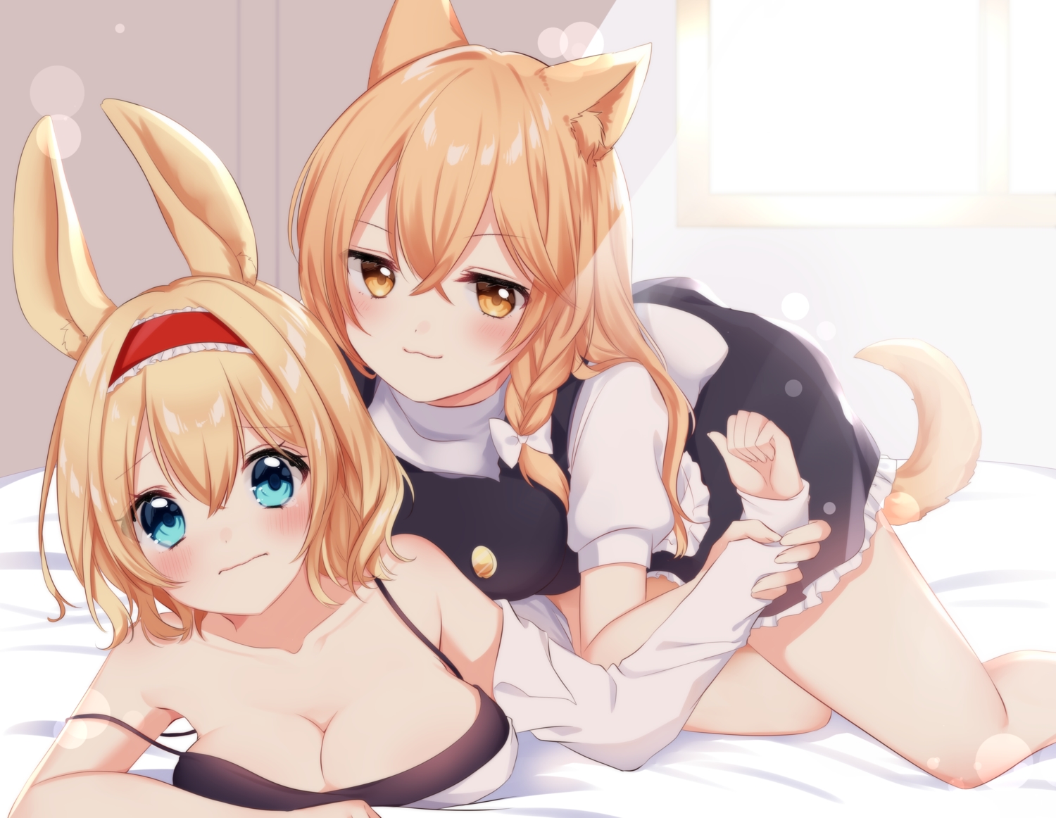 2girls, alice_margatroid, animal_ears, bed, blonde_hair, blush, braids, bunny_ears