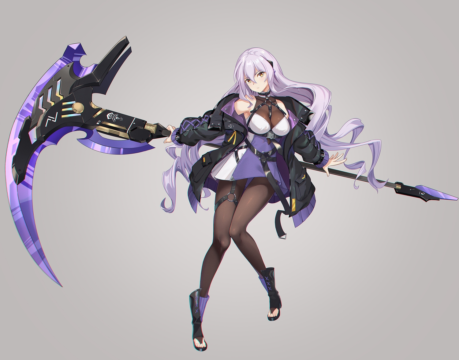 breasts, dance_of_eternity, dress, long_hair, original, pantyhose, purple_hair, scythe