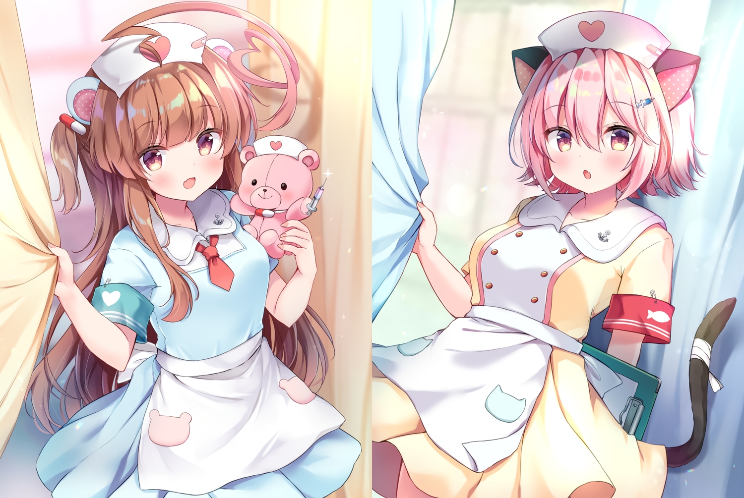 2girls, animal_ears, anthropomorphism, blush, brown_hair, catgirl, cropped, kantai_collection