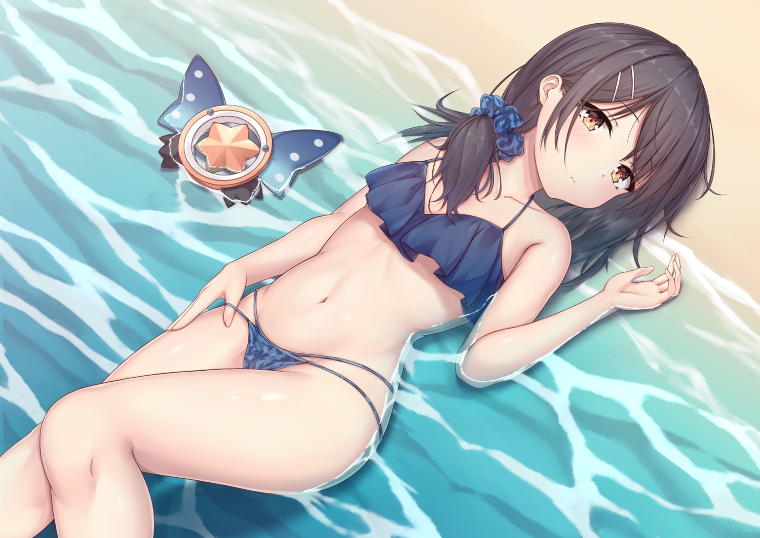 arata_(xin), bikini, black_hair, blush, brown_eyes, cameltoe, fate/kaleid_liner_prisma_illya, fate_(series), flat_chest, loli, miyu_edelfelt, navel, ponytail, swimsuit, water
