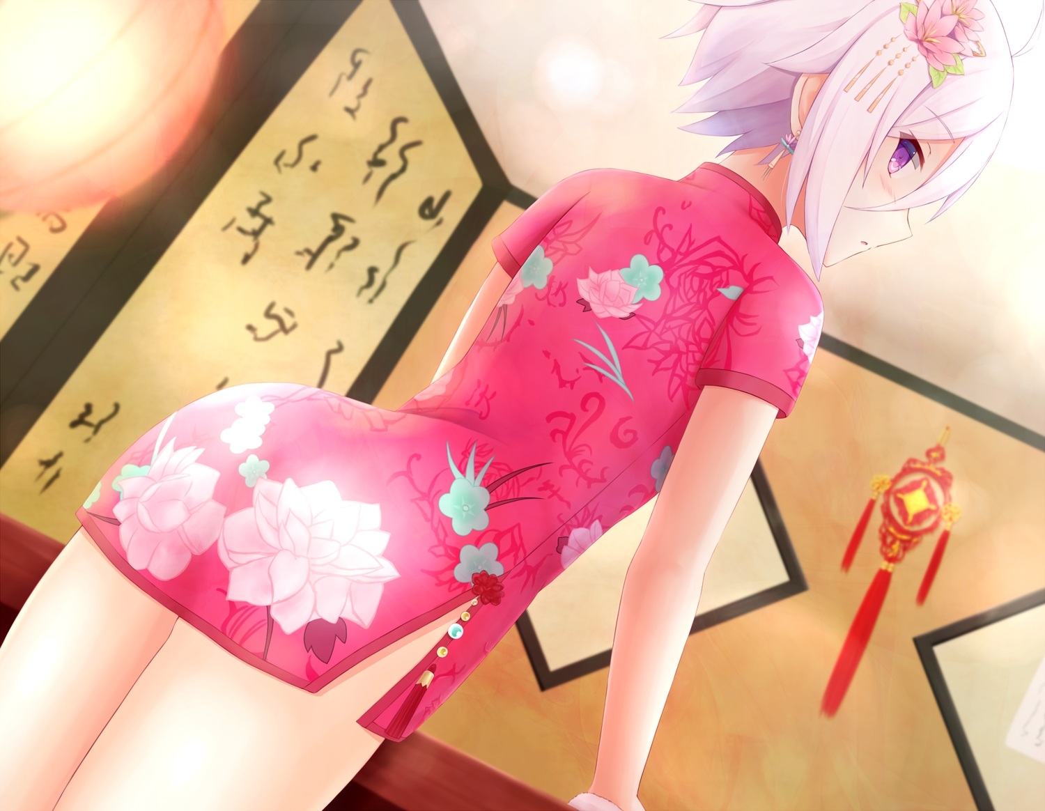 ass, blush, chinese_clothes, chinese_dress, dress, itomi_sayaka, natsu_(927013), purple_eyes