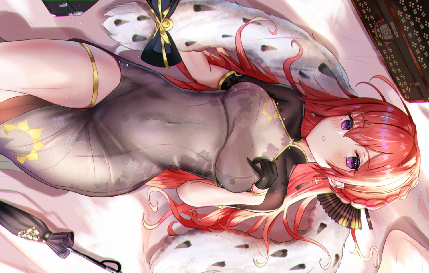 anthropomorphism, azur_lane, bed, blush, braids, breast_hold, chinese_clothes, chinese_dress