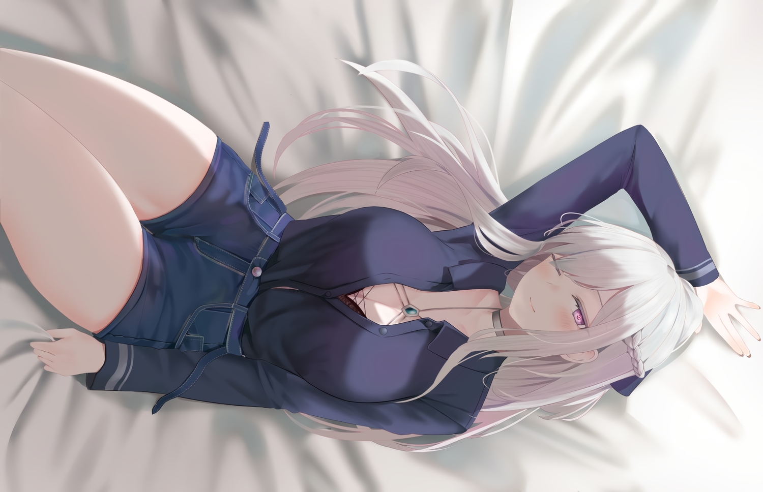 ak12_(girls_frontline), anthropomorphism, blush, braids, breasts, cleavage, girls_frontline, gray_hair