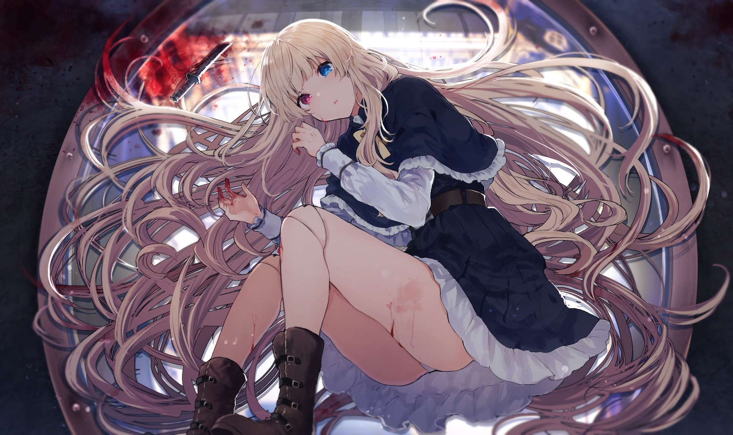 bicolored_eyes, blonde_hair, blood, cape, doll, dress, edel_(ikeuchi_tanuma), garter_belt
