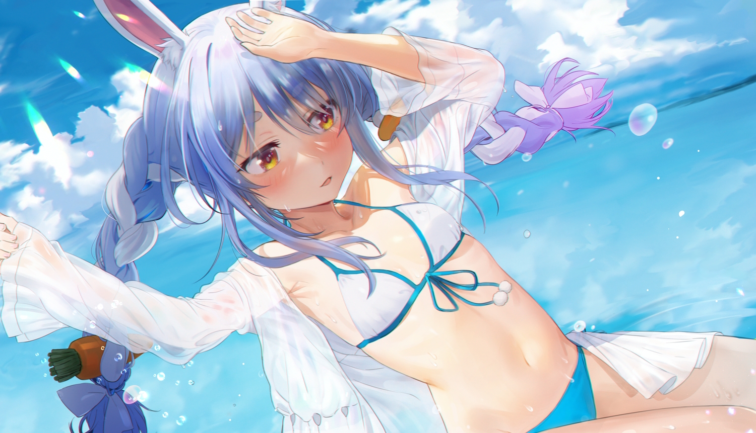 animal_ears, aqua_eyes, bikini, blue_hair, blush, braids, bunny_ears, bunnygirl