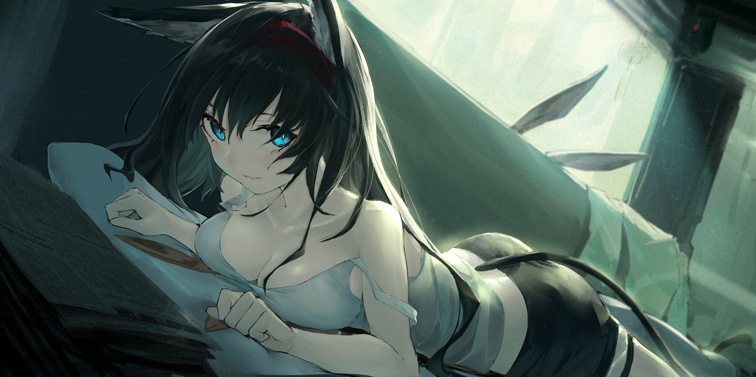 animal_ears, aqua_eyes, arknights, black_hair, blaze_(arknights), blush, catgirl, dark, headband, long_hair, mag_(mag42), shorts, tail