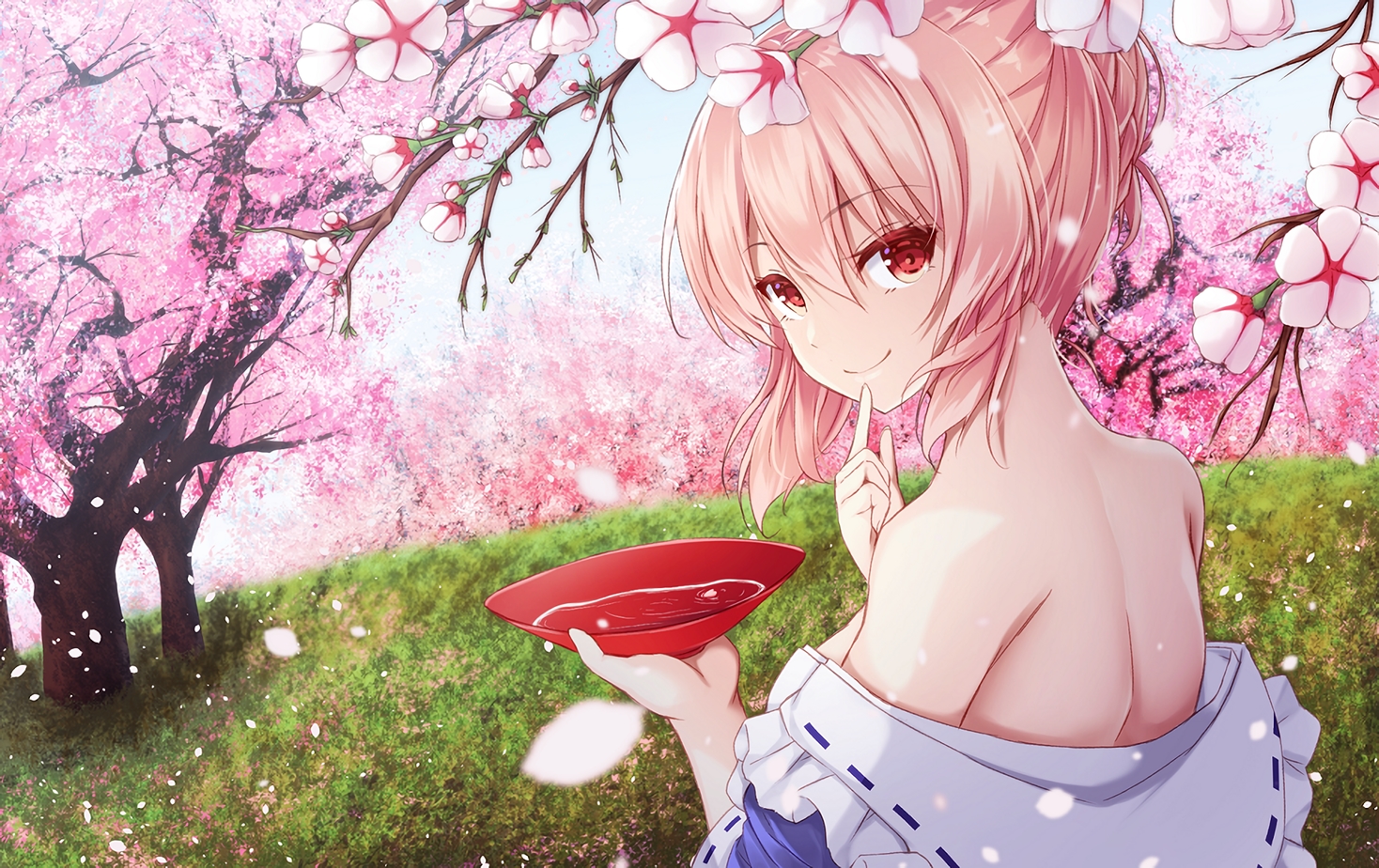 cherry_blossoms, drink, flowers, merukiarisu, no_bra, pink_hair, red_eyes, saigyouji_yuyuko, sake, short_hair, touhou, waifu2x