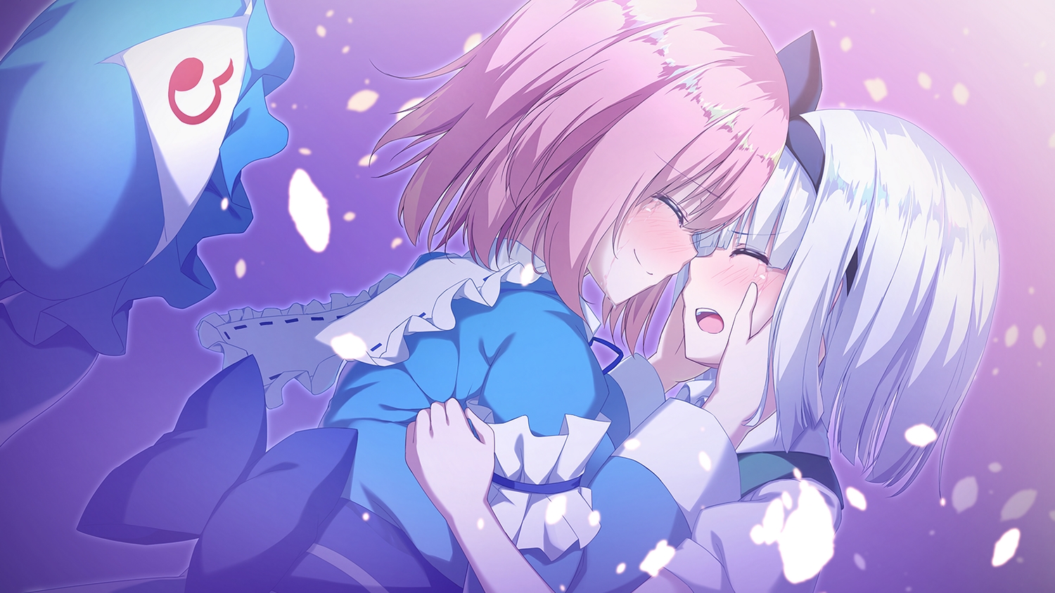 2girls, blush, crying, headband, hug, konpaku_youmu, merukiarisu, pink_hair
