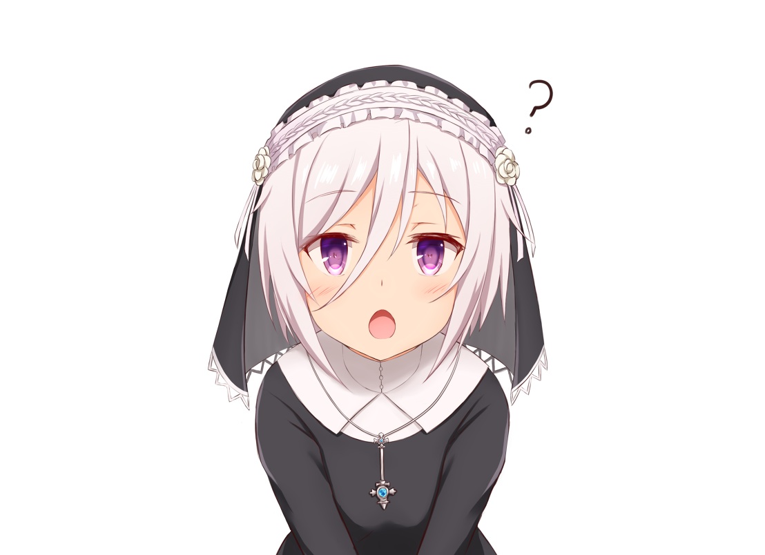 blush, headdress, itomi_sayaka, natsu_(927013), necklace, nun, purple_eyes, short_hair