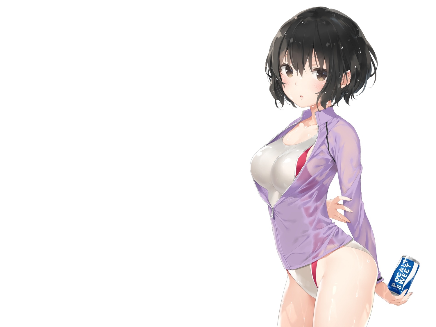 black_hair, breasts, brown_eyes, drink, kani_biimu, original, see_through, short_hair