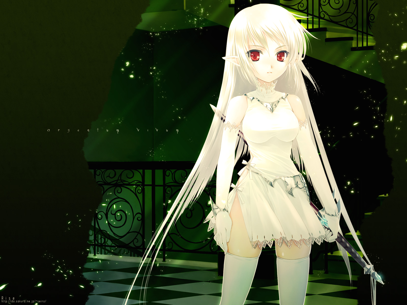 elbow_gloves, gloves, long_hair, original, pointed_ears, red_eyes, sword, thighhighs