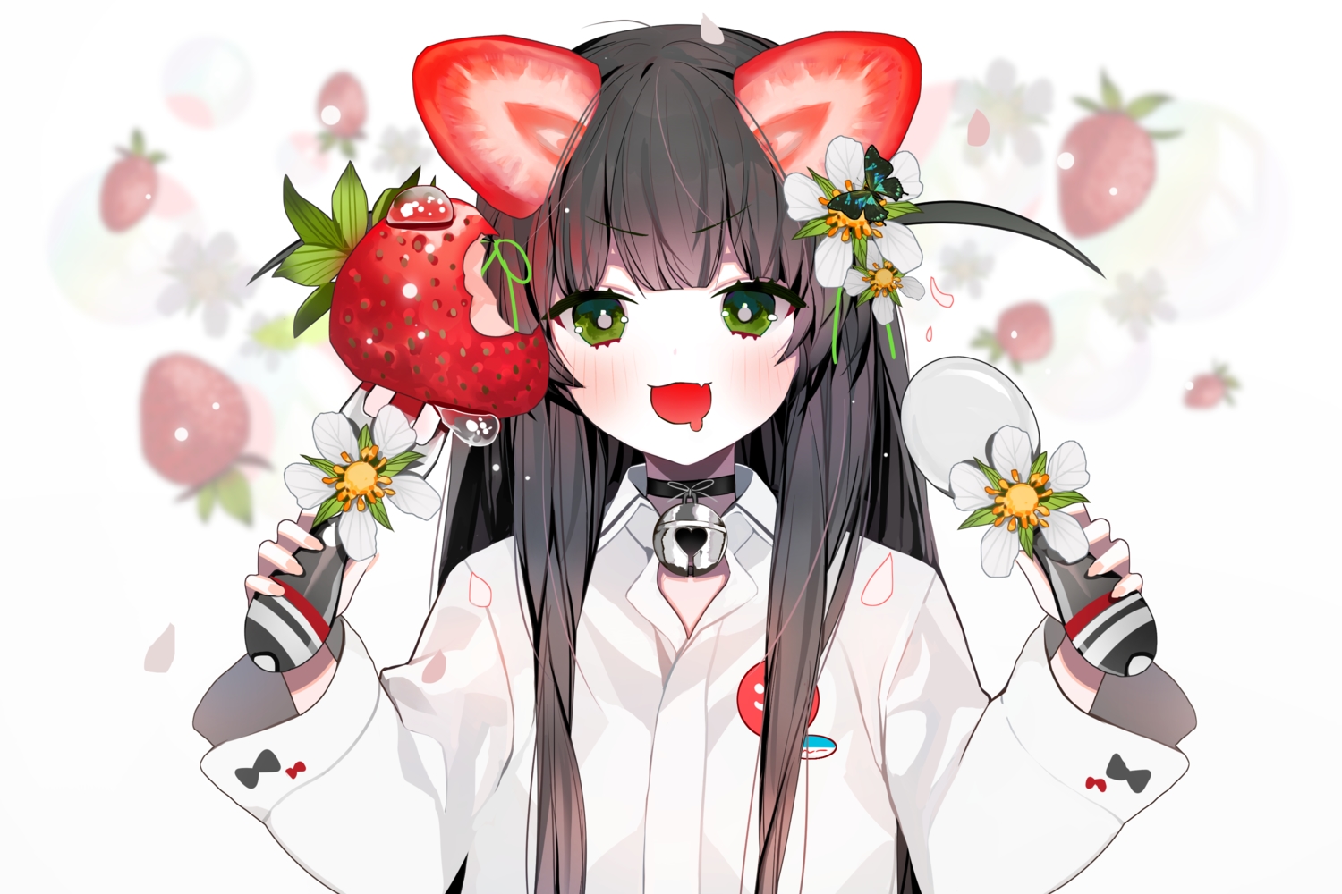 bell, black_hair, blush, catgirl, cat_smile, collar, cropped, fang, flowers, food, fruit, green_eyes, long_hair, modanyang, original, petals, shirt, strawberry