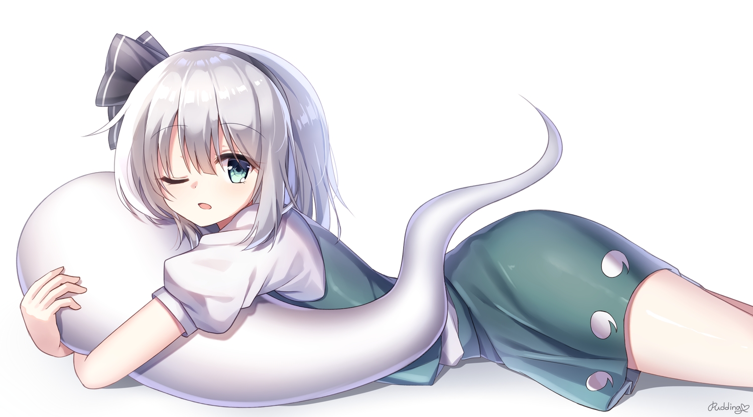 gray_hair, green_eyes, headband, hug, konpaku_youmu, myon, pudding_(skymint_028), short_hair, signed, skirt, touhou, white, wink