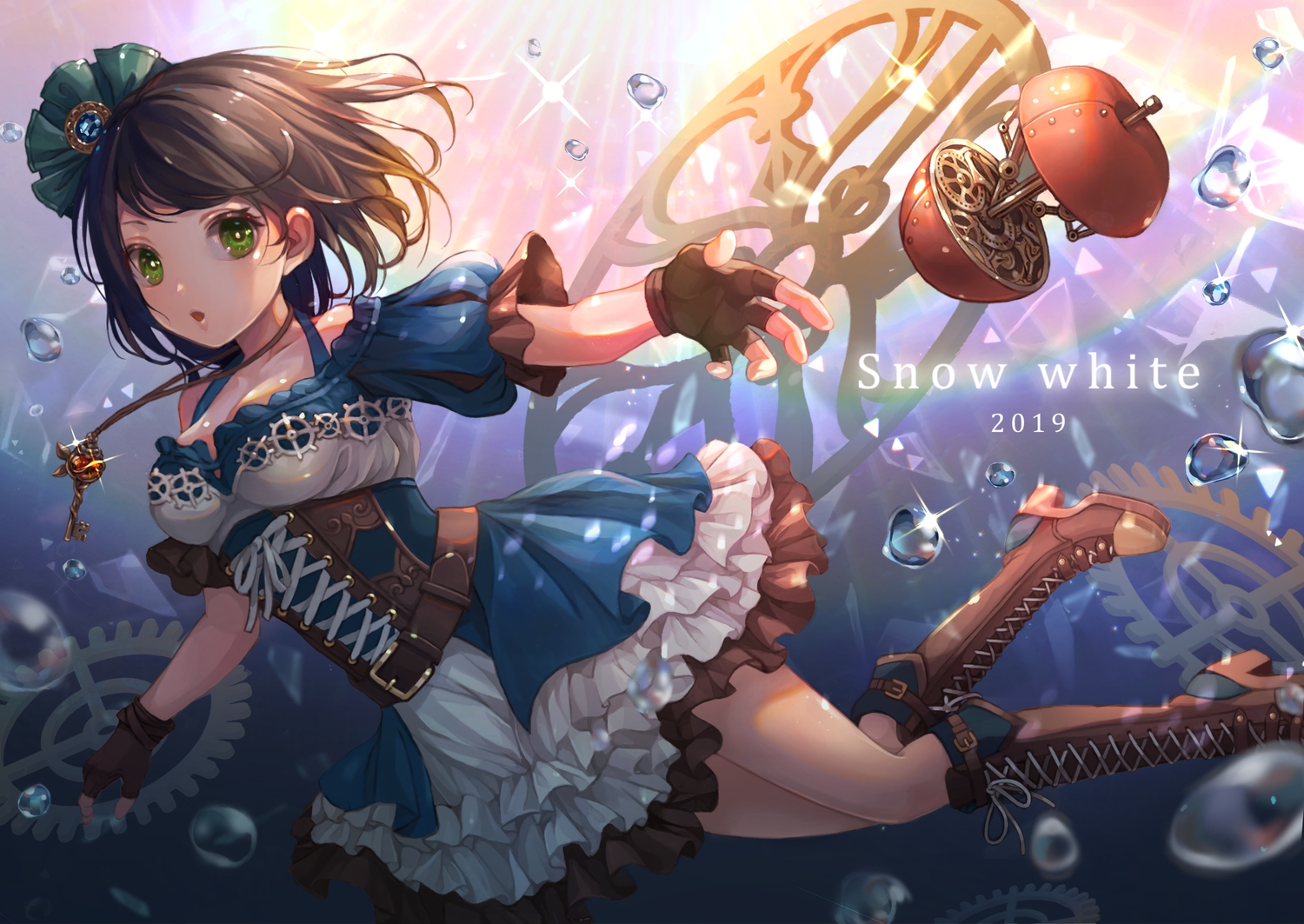 blush, boots, brown_hair, bubbles, dress, garter_belt, gloves, green_eyes, moguta_(moguta9), necklace, original, snow_white, underwater, water