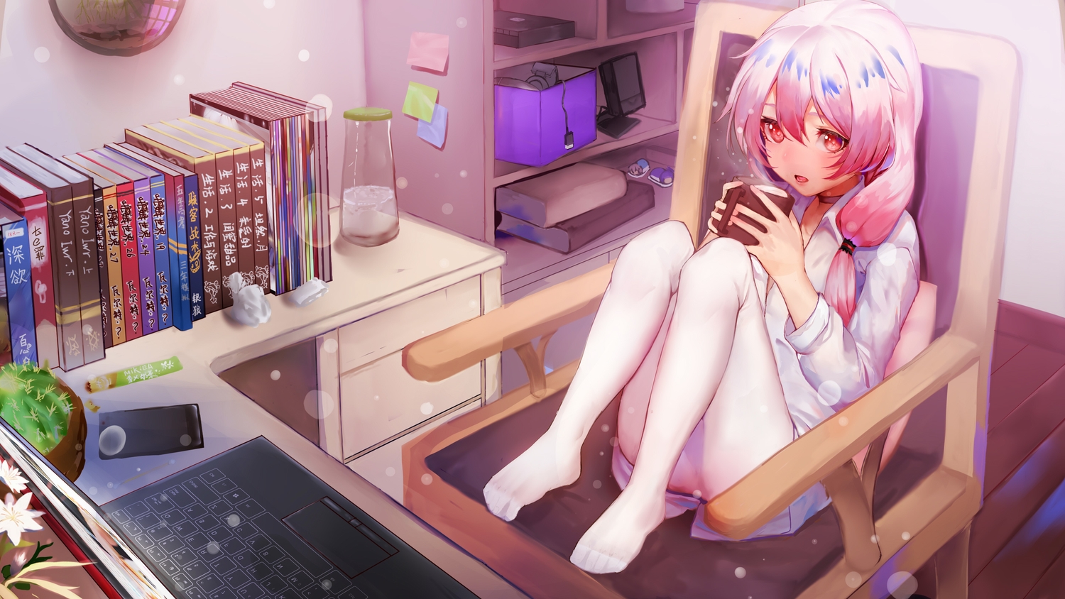 blush, book, computer, drink, flowers, honkai_impact, honkai_(series), lyk_wuyan, pantyhose, phone, pink_hair, red_eyes, shirt, skirt, theresa_apocalypse, twintails