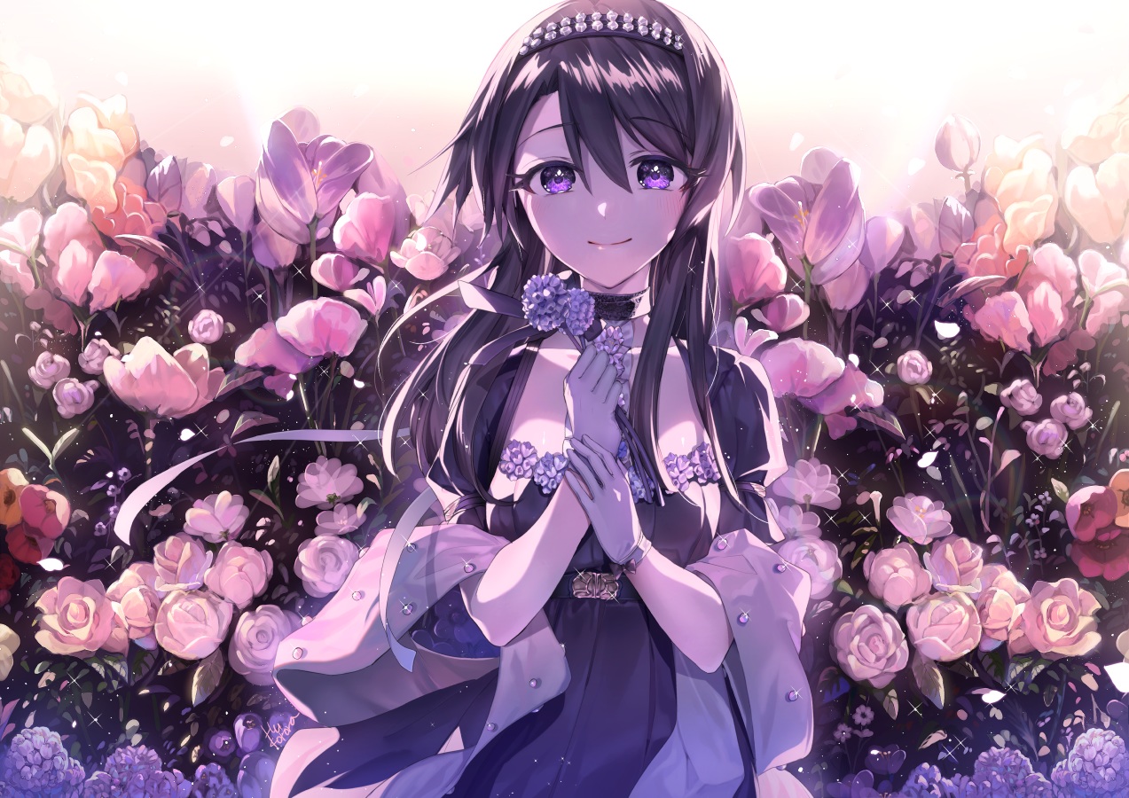 black_hair, choker, flowers, gloves, headband, hu_kotora, long_hair, original, petals, purple_eyes