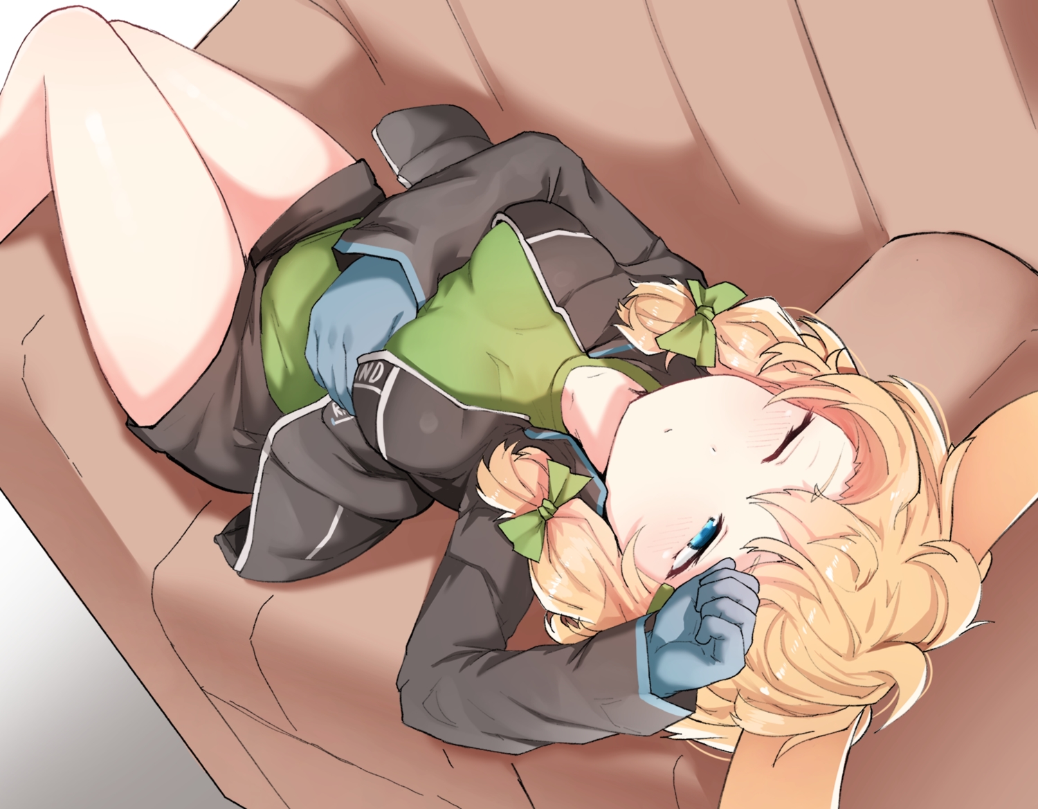 animal_ears, aqua_eyes, arknights, blonde_hair, blush, bunny_ears, bunnygirl, couch