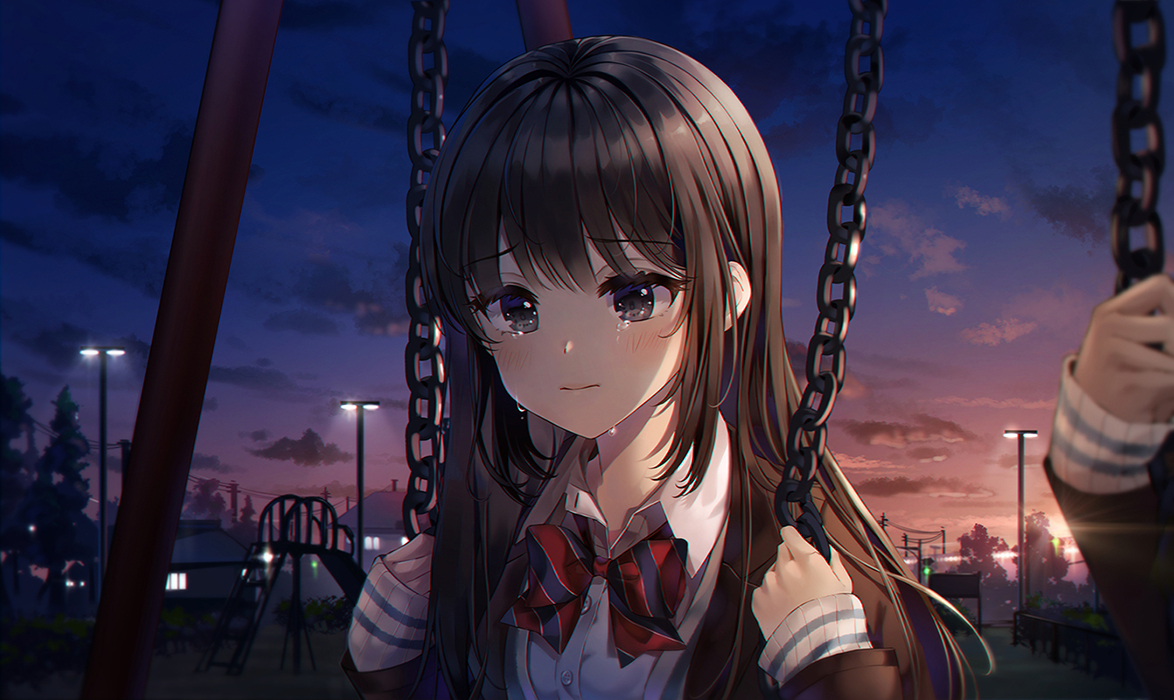 black_eyes, black_hair, bow, connie_(keean2019), crying, long_hair, original, park