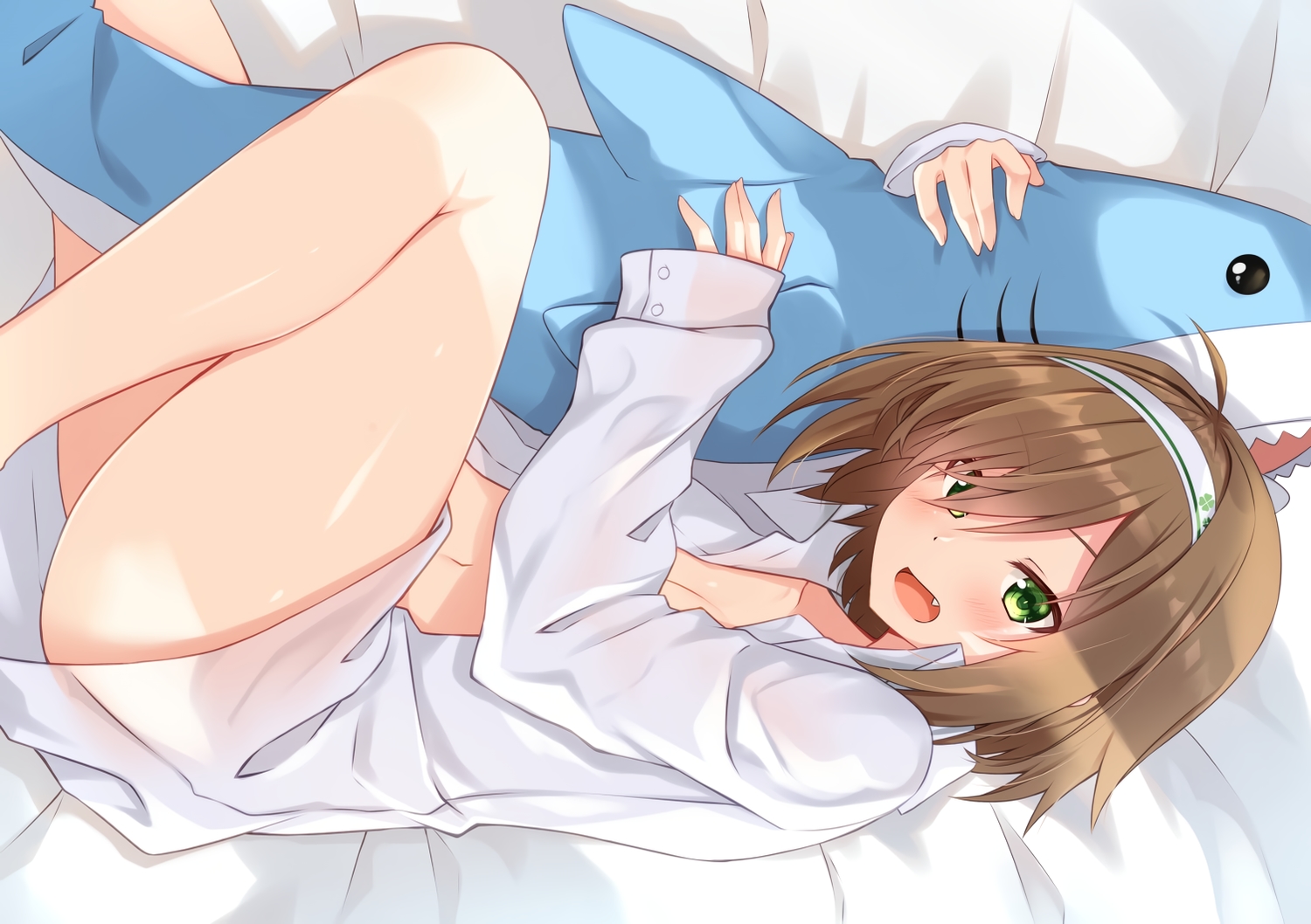 blush, brown_hair, fang, green_eyes, headband, komori_kuzuyu, naked_shirt, navel