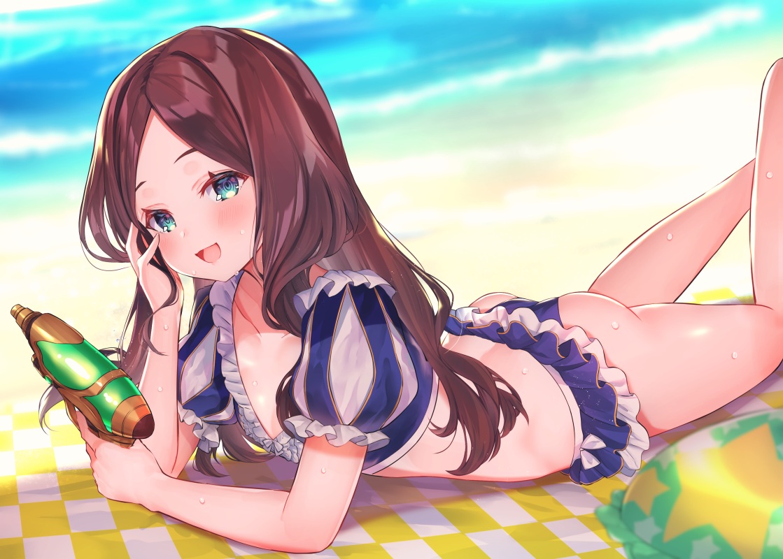 aqua_eyes, ass, beach, bikini, blush, brown_hair, fate/grand_order, fate_(series), flat_chest, gun, leonardo_da_vinci_(fate), loli, long_hair, suzuho_hotaru, swimsuit, water, weapon