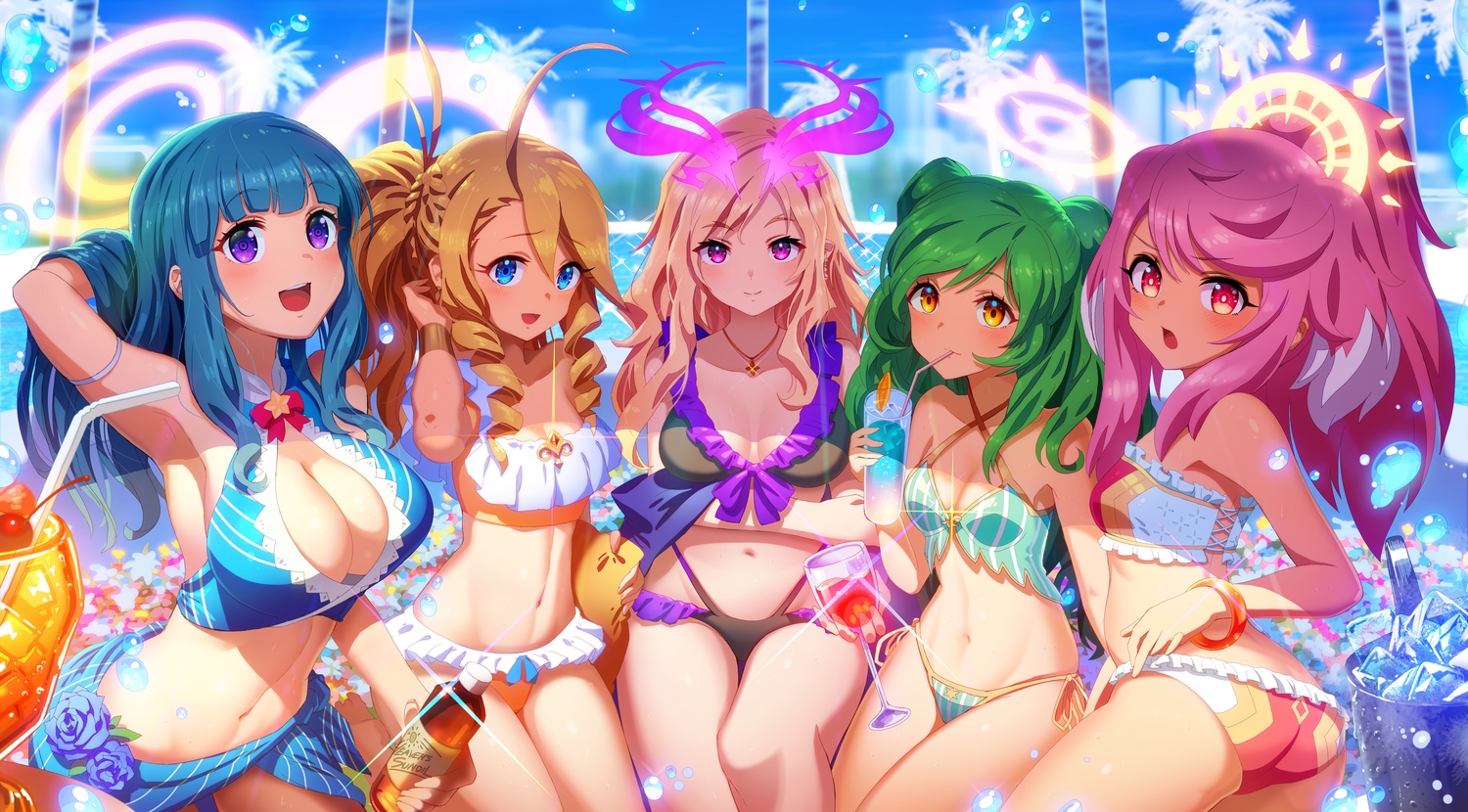 ass, bikini, blonde_hair, blush, braids, drink, flowers, gabriel_(monsuto)