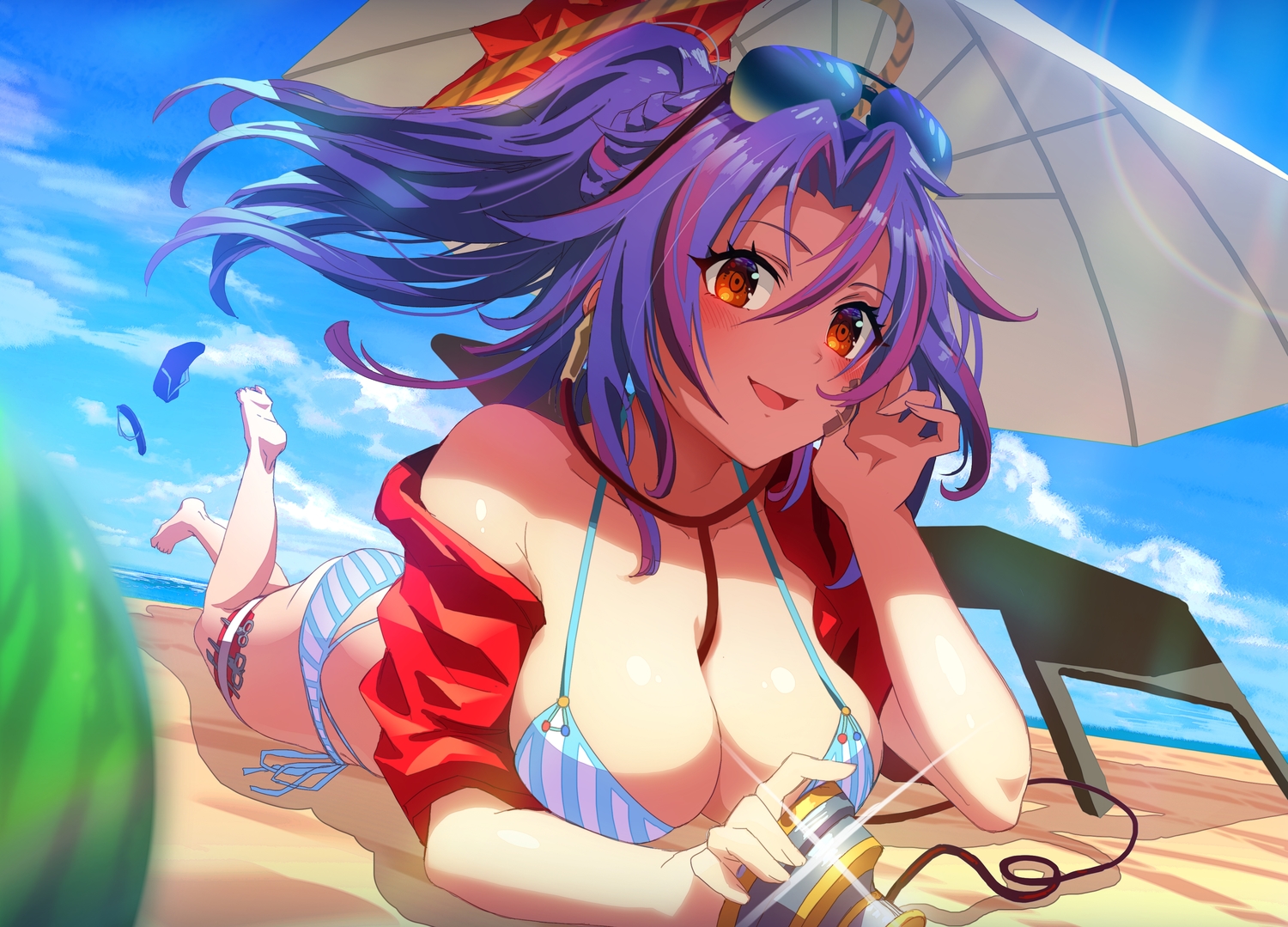 beach, bikini, camera, gibagiba, long_hair, monster_strike, summer, swimsuit