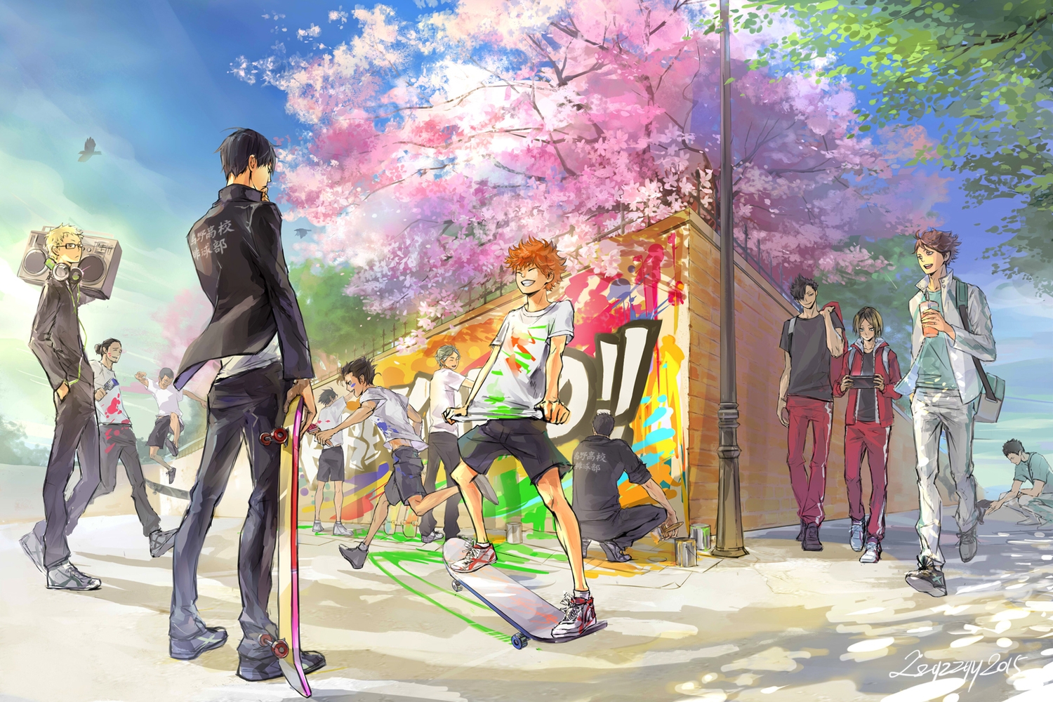 all_male, azumane_asahi, cherry_blossoms, flowers, haikyuu!!, hinata_shouyou, iwaizumi_hajime, kageyama_tobio, kozume_kenma, kuroo_tetsuro, male, nishinoya_yuu, oikawa_tooru, sawamura_daichi, sugawara_koushi, tanaka_ryuunosuke, tsukishima_kei, yamaguchi_tadashi, zzyzzyy
