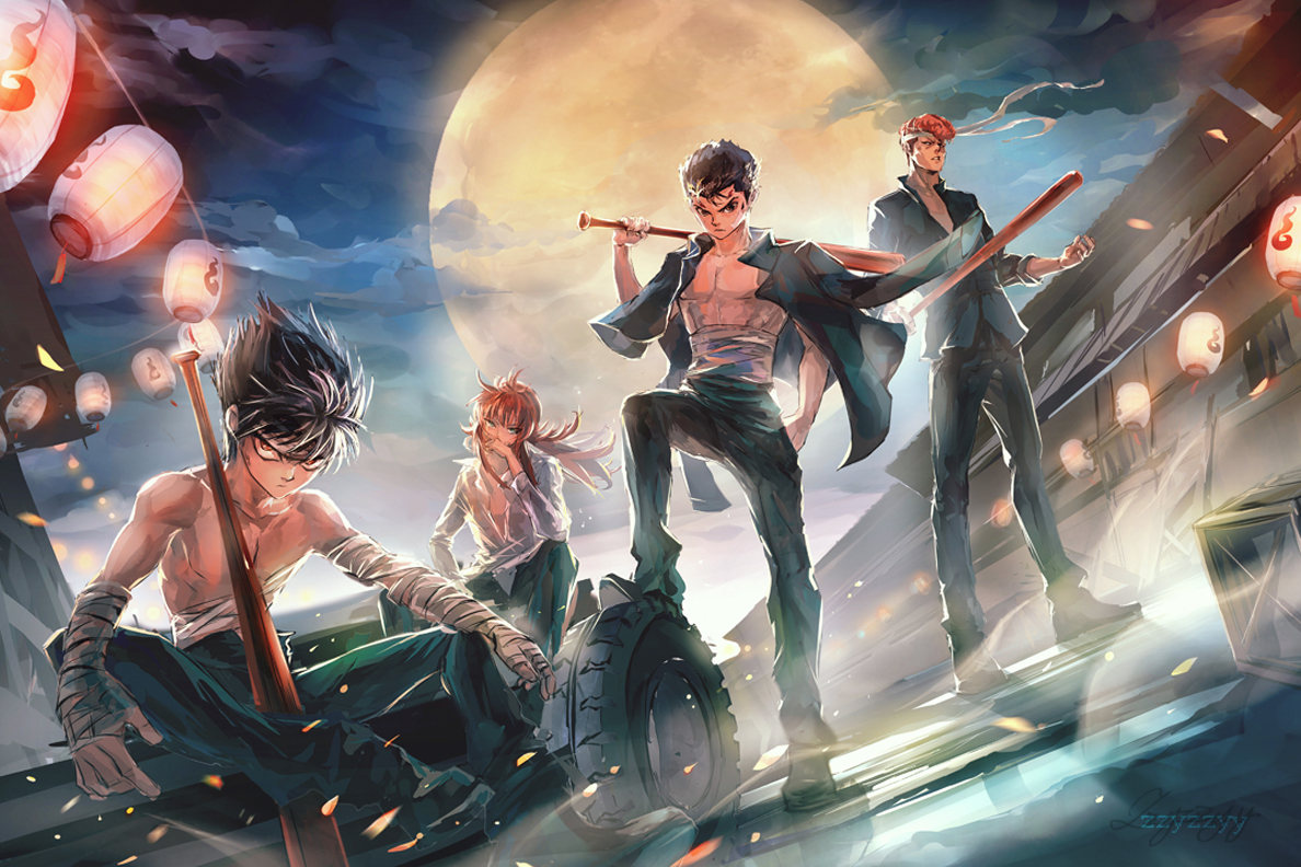 all_male, bandage, hiei_jaganshi, kurama, kuwabara_kazuma, male, moon, urameshi_yuusuke, yu_yu_hakusho, zzyzzyy