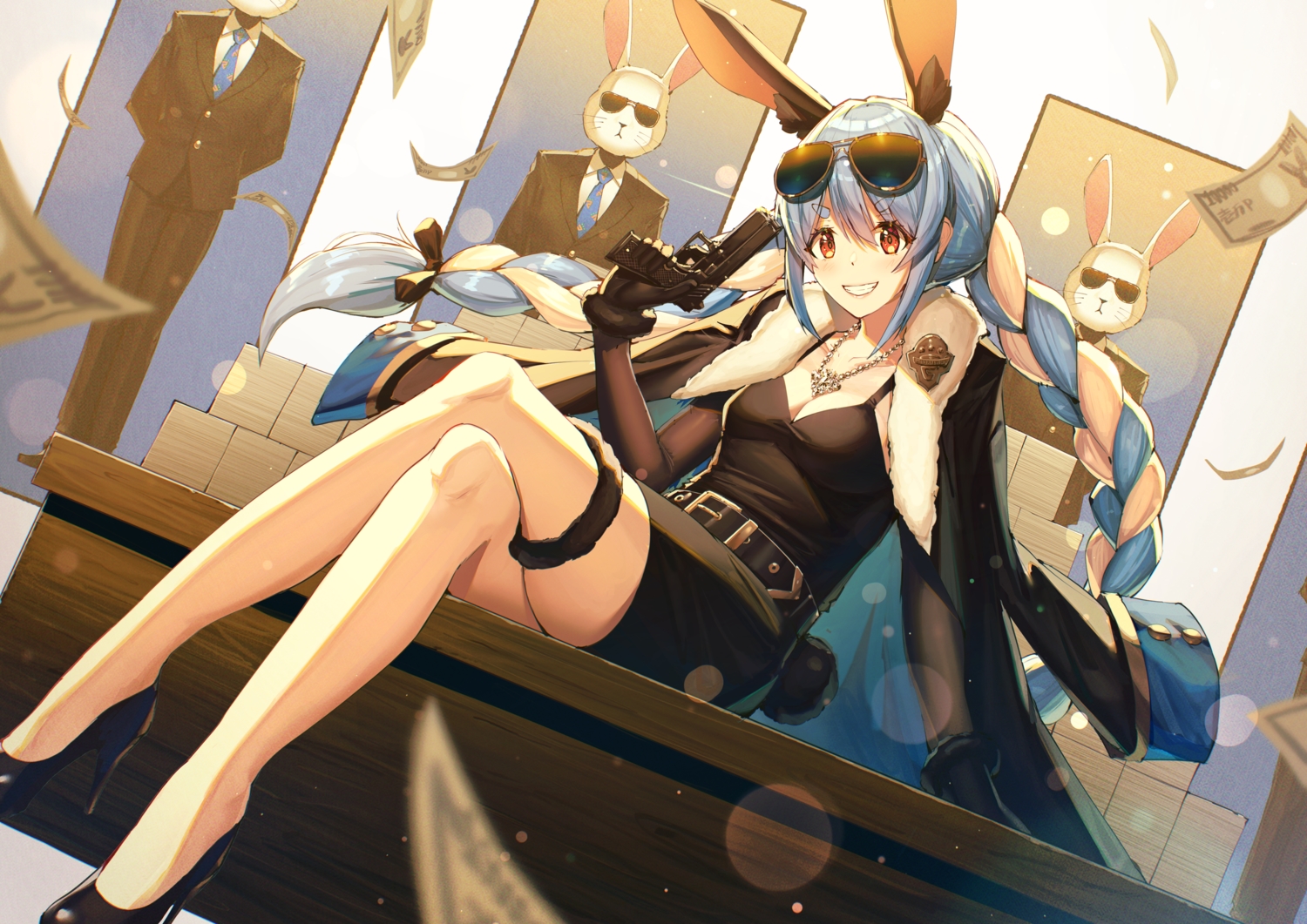 animal_ears, blue_hair, blush, braids, bunny_ears, bunnygirl, gloves, gun