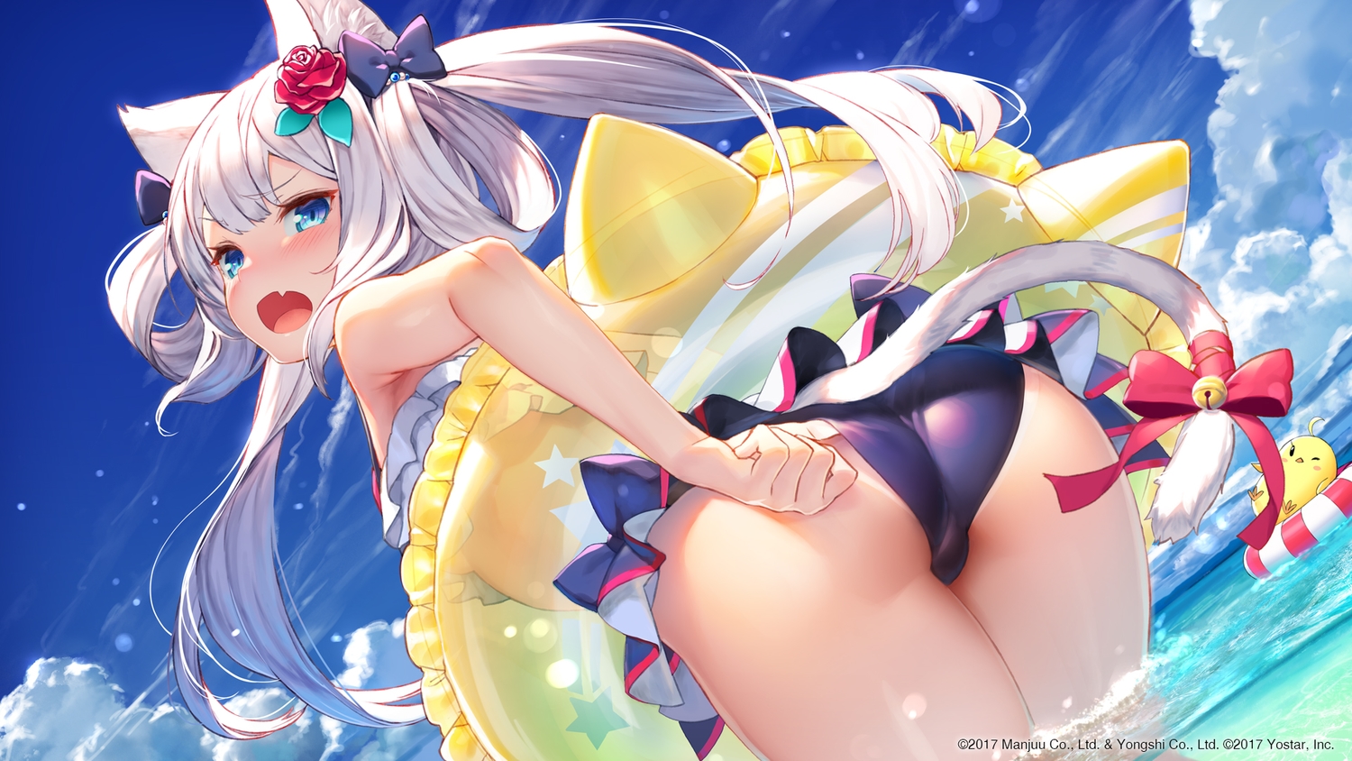 animal_ears, anthropomorphism, ass, azur_lane, bikini, blue_eyes, blush, catgirl, clouds, fang, hammann_(azur_lane), izumi_sai, long_hair, manjuu_(azur_lane), sky, swimsuit, tail, white_hair