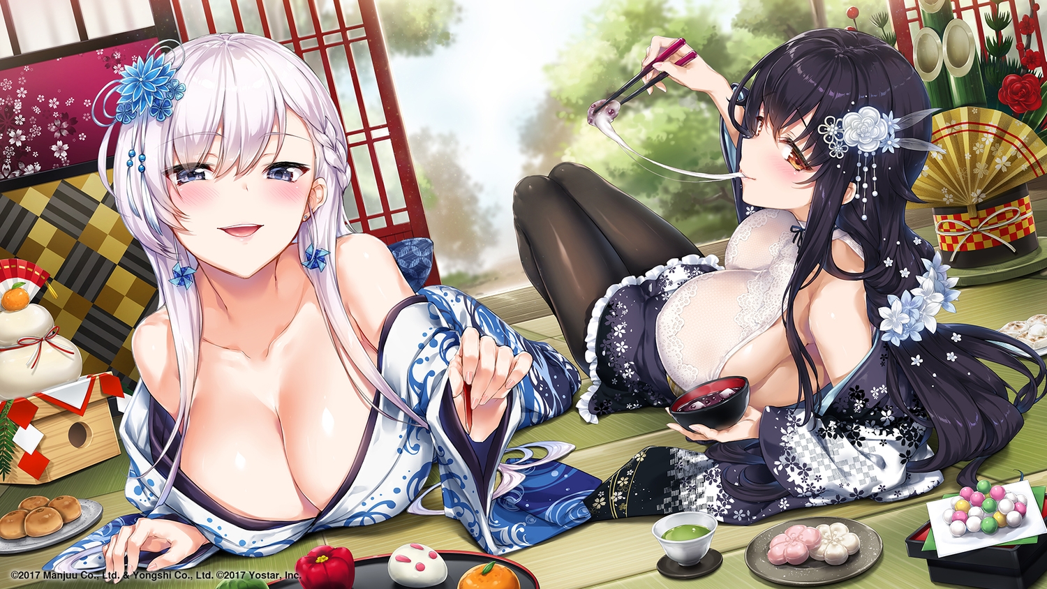2girls, anthropomorphism, azuma_(azur_lane), azur_lane, belfast_(azur_lane), black_hair, breasts, cleavage, food, hisashi_(nekoman), japanese_clothes, long_hair, orange_eyes, pantyhose, purple_eyes, white_hair