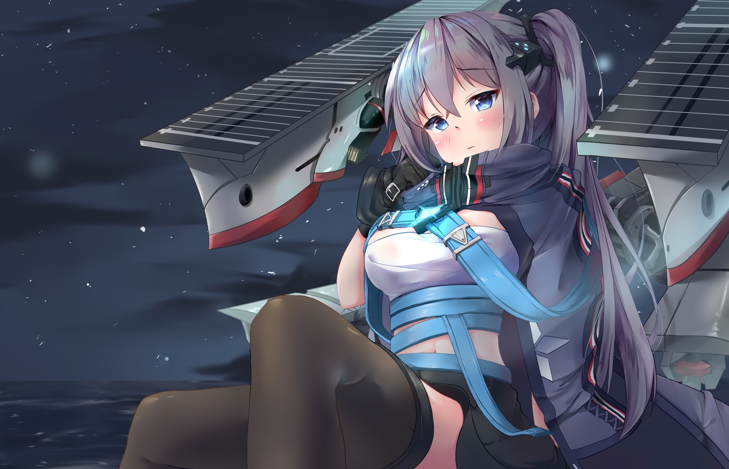 anthropomorphism, azur_lane, blue_eyes, clouds, gloves, intrepid_(azur_lane), long_hair, maeru, mechagirl, navel, night, purple_hair, sky, stars, twintails, water