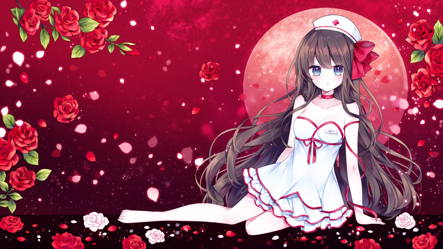barefoot, blush, breasts, brown_hair, cleavage, dress, flowers, g_ieep, gradient, hat, long_hair, nurse, original, rose