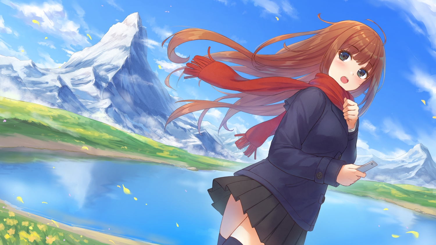 blush, brown_hair, clouds, gohei_(aoi_yuugure), long_hair, original, phone, reflection, scarf, school_uniform, skirt, sky, thighhighs, water