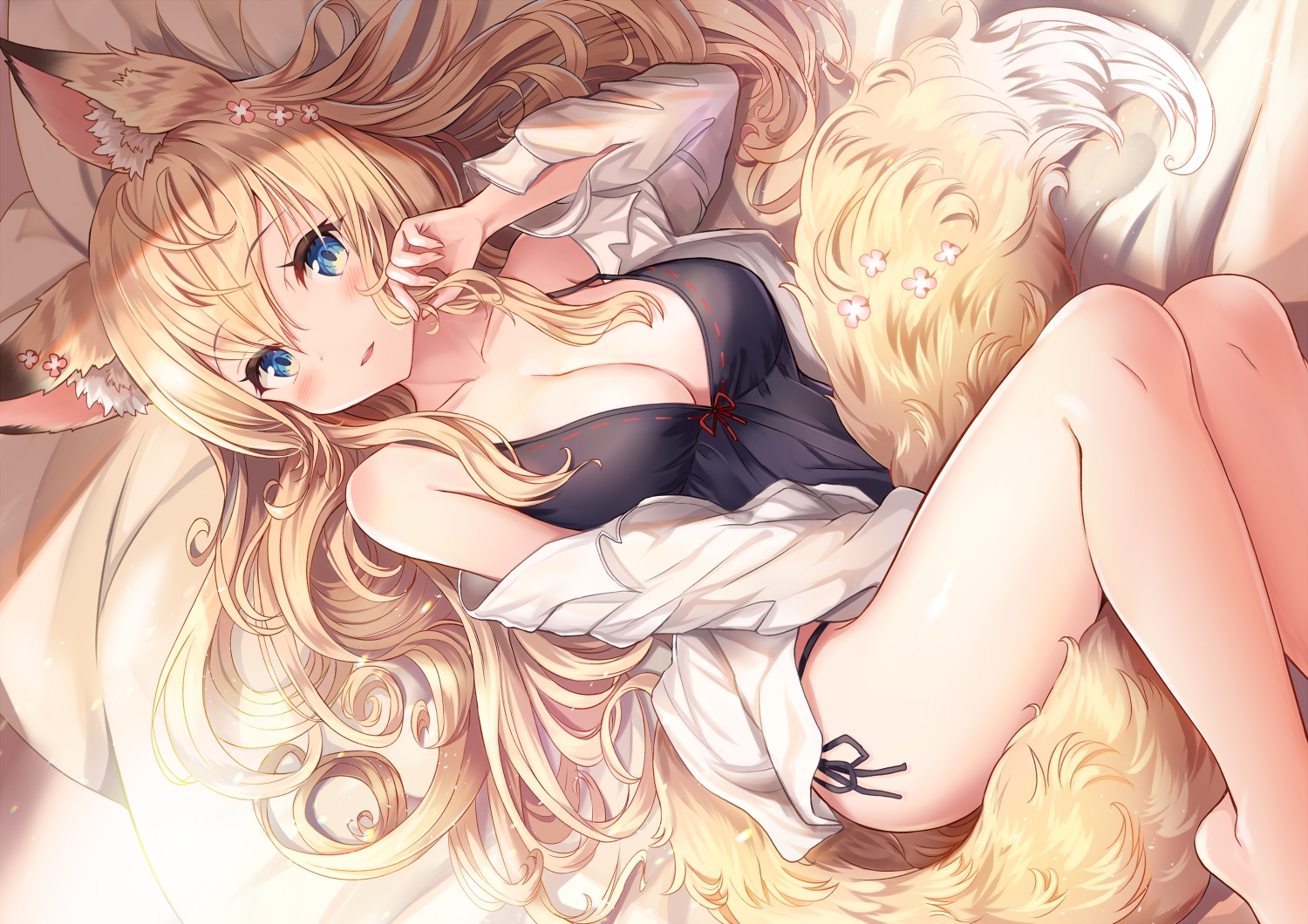 aliasing, animal_ears, aqua_eyes, bed, blonde_hair, breasts, cleavage, foxgirl, long_hair, original, sakura_ani, tail