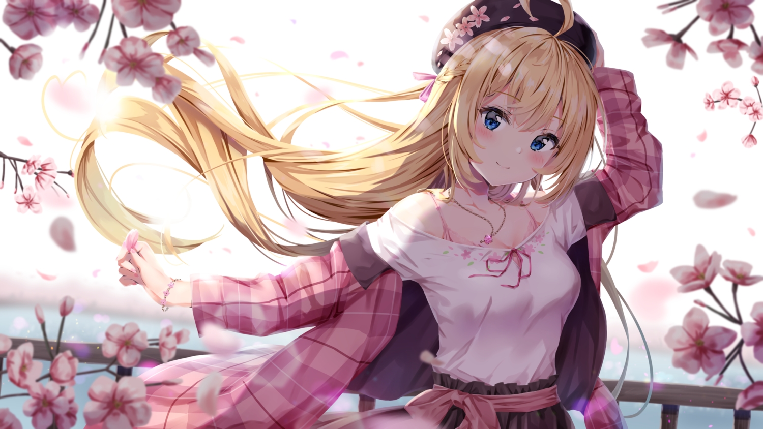 aogiri_koukou, blonde_hair, blue_eyes, blush, braids, cherry_blossoms, flowers, hat, kuria_(clear_trip_second), long_hair, minazuki_natsuki, necklace, petals, spring