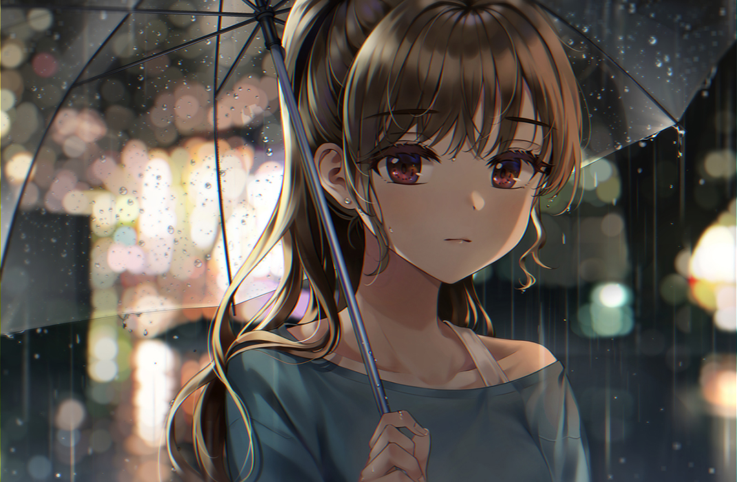 blush, brown_hair, close, connie_(keean2019), long_hair, original, ponytail, rain, red_eyes, umbrella, water